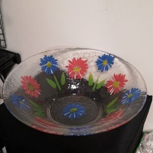 Beautiful Large Reverse-painted Recycled Glass Bowl with Blue & Red Flowers 13"
